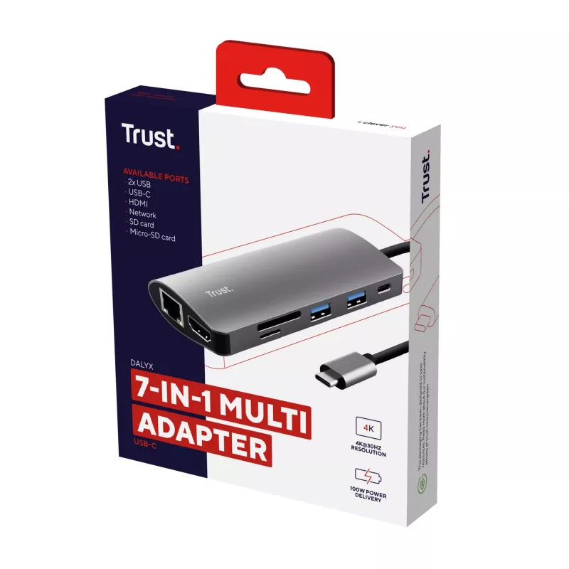 Trust Dalyx 23775 adaptador multipuerto USB-C 7 en 1, USB-C 3.2, HDMI, RJ-45 Gigabit Ethernet, lector SD/microSD, plateado