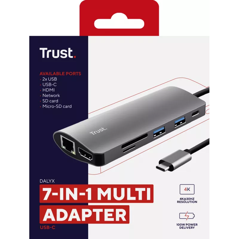 Trust Dalyx 23775 adaptador multipuerto USB-C 7 en 1, USB-C 3.2, HDMI, RJ-45 Gigabit Ethernet, lector SD/microSD, plateado