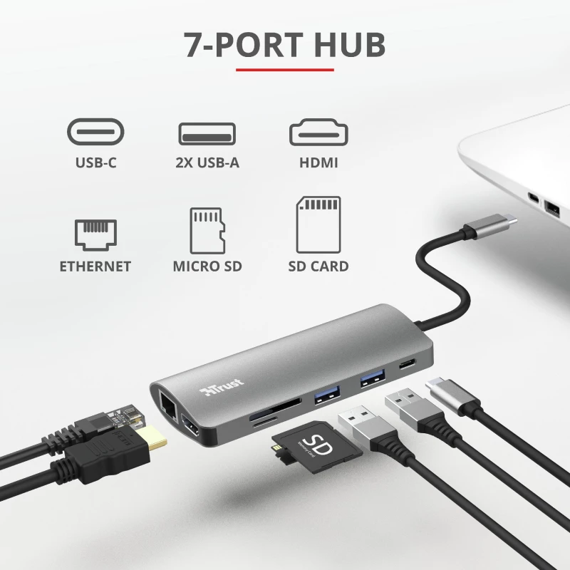 Trust Dalyx 23775 adaptador multipuerto USB-C 7 en 1, USB-C 3.2, HDMI, RJ-45 Gigabit Ethernet, lector SD/microSD, plateado