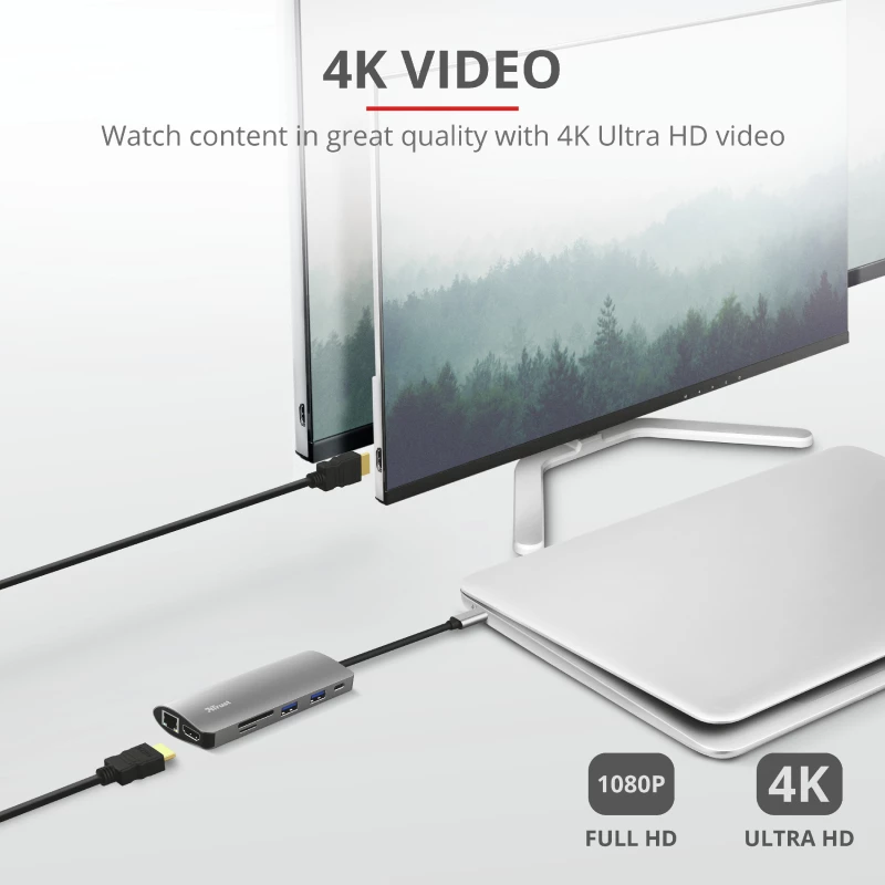 Trust Dalyx 23775 adaptador multipuerto USB-C 7 en 1, USB-C 3.2, HDMI, RJ-45 Gigabit Ethernet, lector SD/microSD, plateado