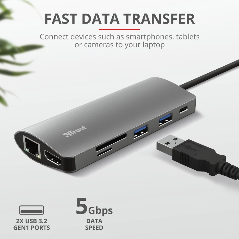 Trust Dalyx 23775 adaptador multipuerto USB-C 7 en 1, USB-C 3.2, HDMI, RJ-45 Gigabit Ethernet, lector SD/microSD, plateado