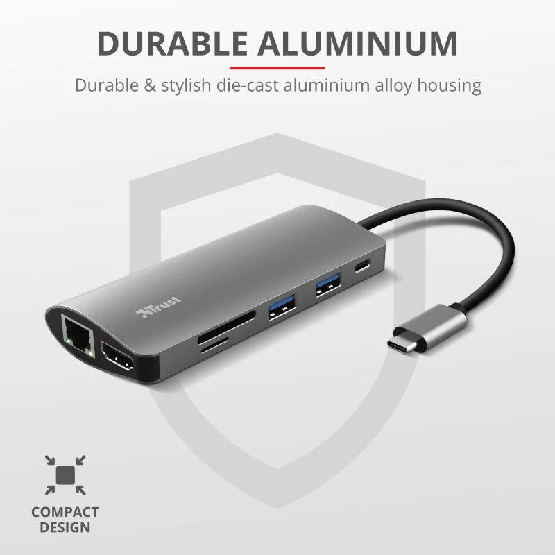 Trust Dalyx 23775 adaptador multipuerto USB-C 7 en 1, USB-C 3.2, HDMI, RJ-45 Gigabit Ethernet, lector SD/microSD, plateado