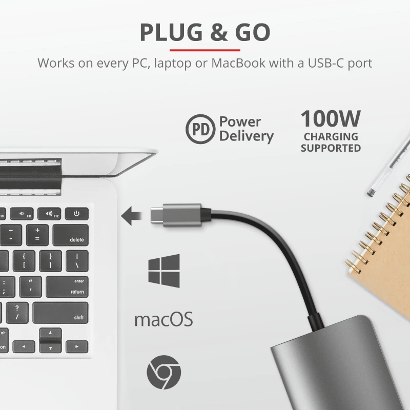 Trust Dalyx 23775 adaptador multipuerto USB-C 7 en 1, USB-C 3.2, HDMI, RJ-45 Gigabit Ethernet, lector SD/microSD, plateado