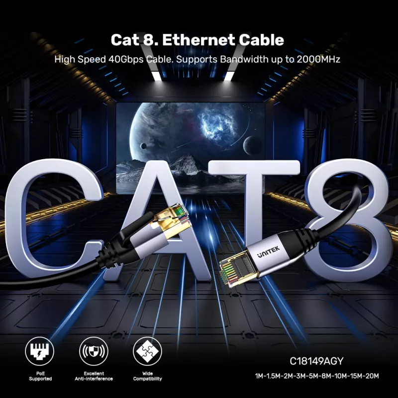 Cable Ethernet UNITEK RJ-45 LAN Cat.8 (S/FTP) 1 m