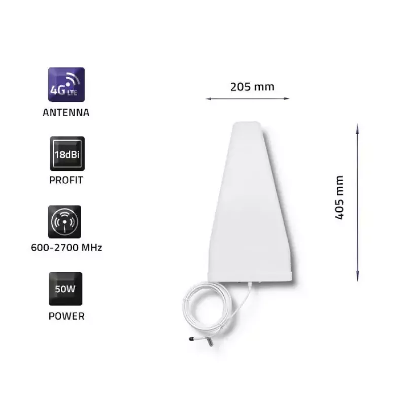 Antena QOLTEC 57021 4G LTE para exterior — ganancia 18 dBi, 600–2700 MHz, 50 Ω, 50 W, carcasa de plástico blanca