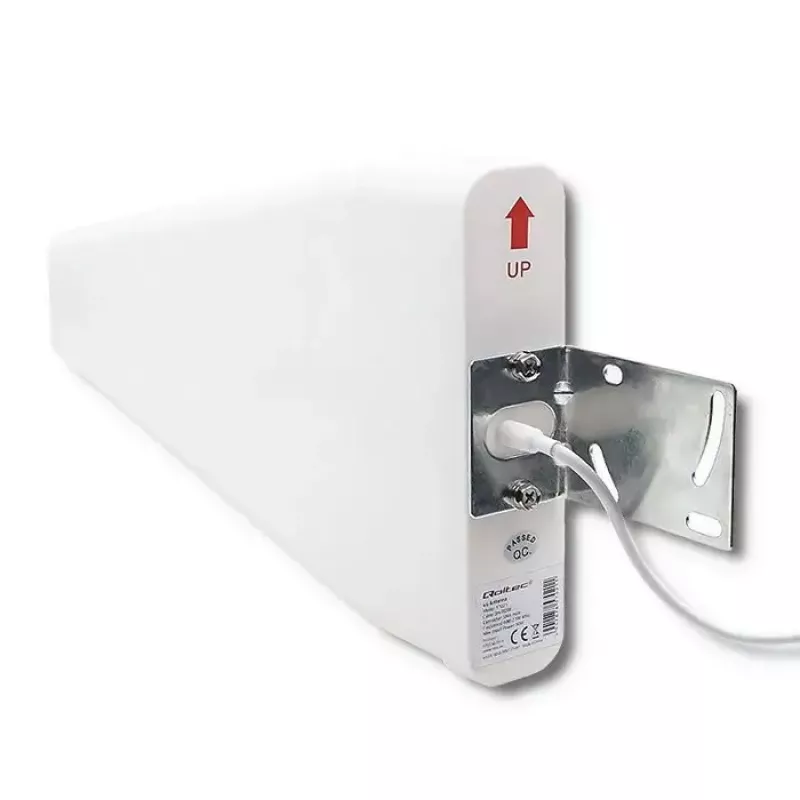 Antena QOLTEC 57021 4G LTE para exterior — ganancia 18 dBi, 600–2700 MHz, 50 Ω, 50 W, carcasa de plástico blanca