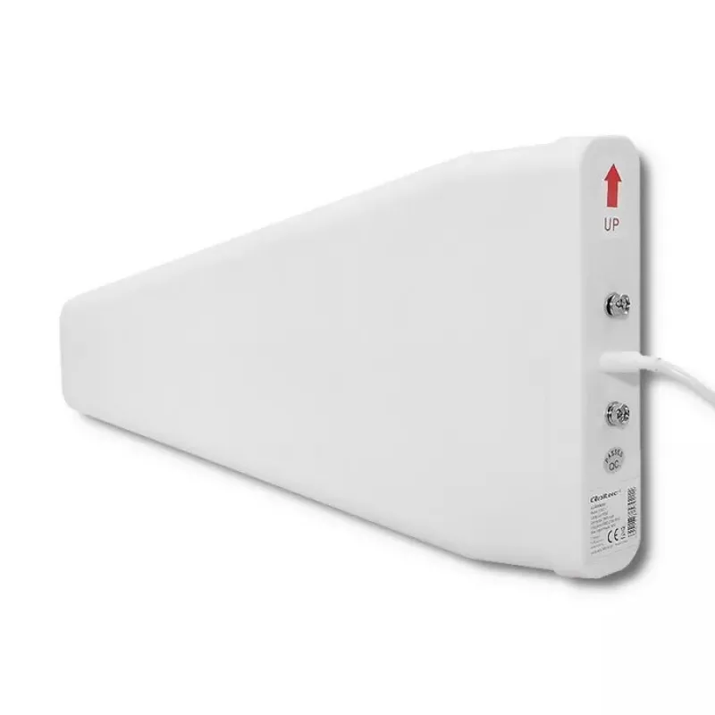 Antena QOLTEC 57021 4G LTE para exterior — ganancia 18 dBi, 600–2700 MHz, 50 Ω, 50 W, carcasa de plástico blanca