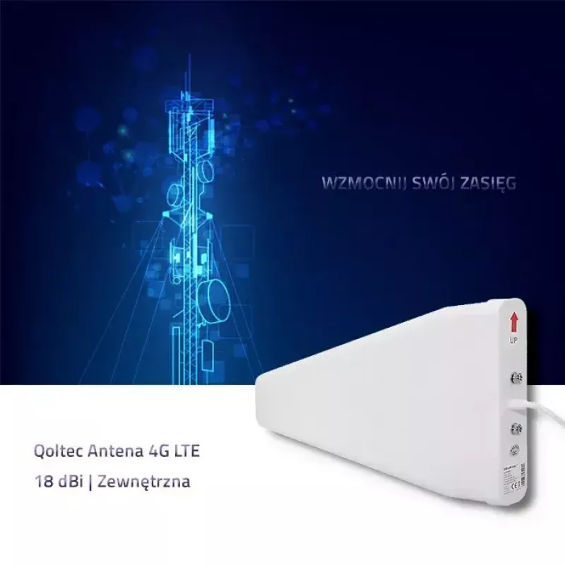 Antena QOLTEC 57021 4G LTE para exterior — ganancia 18 dBi, 600–2700 MHz, 50 Ω, 50 W, carcasa de plástico blanca