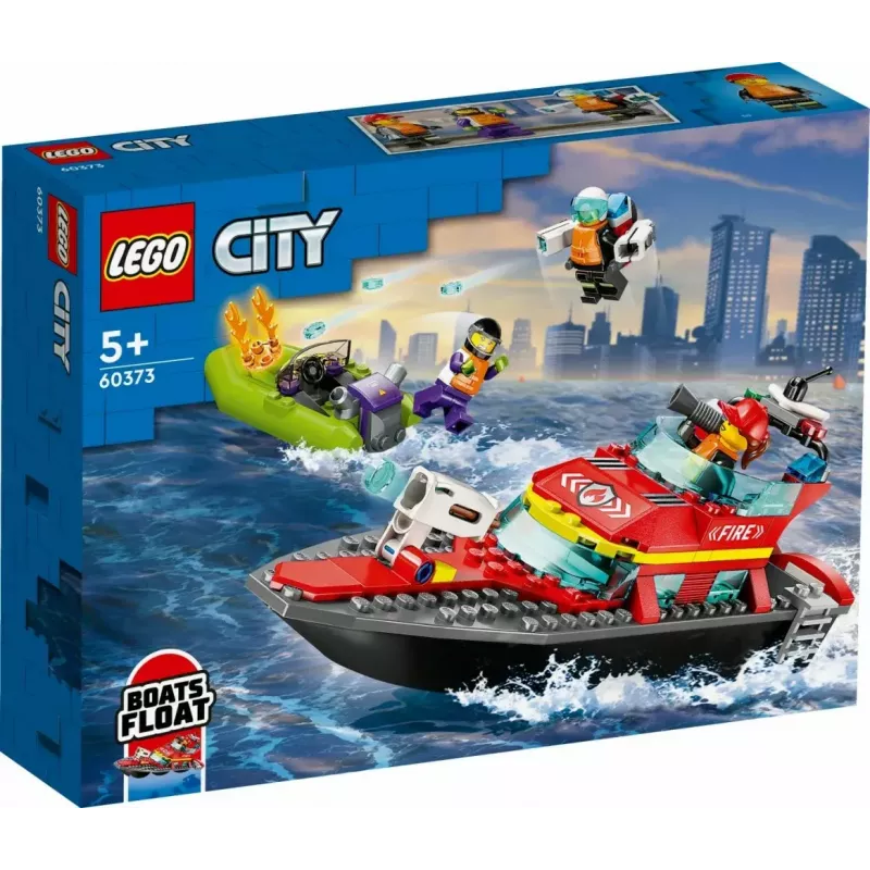 Set de construcción LEGO lancha de rescate de bomberos 60373 — serie City, 144 piezas, 3 minifiguras, edad 5+, medidas 80×230×70 mm