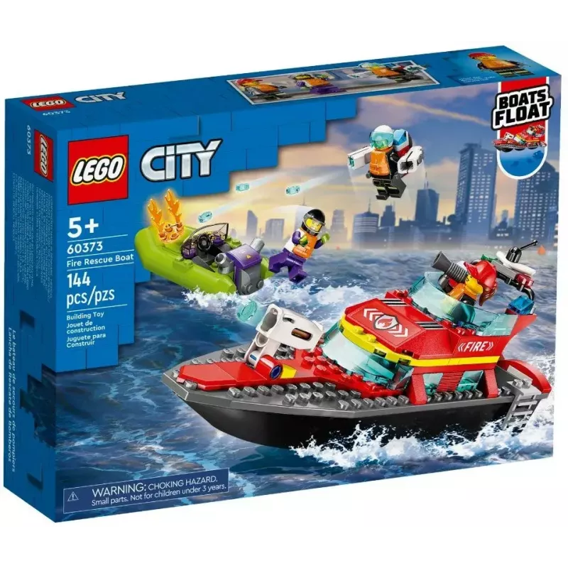 Set de construcción LEGO lancha de rescate de bomberos 60373 — serie City, 144 piezas, 3 minifiguras, edad 5+, medidas 80×230×70 mm