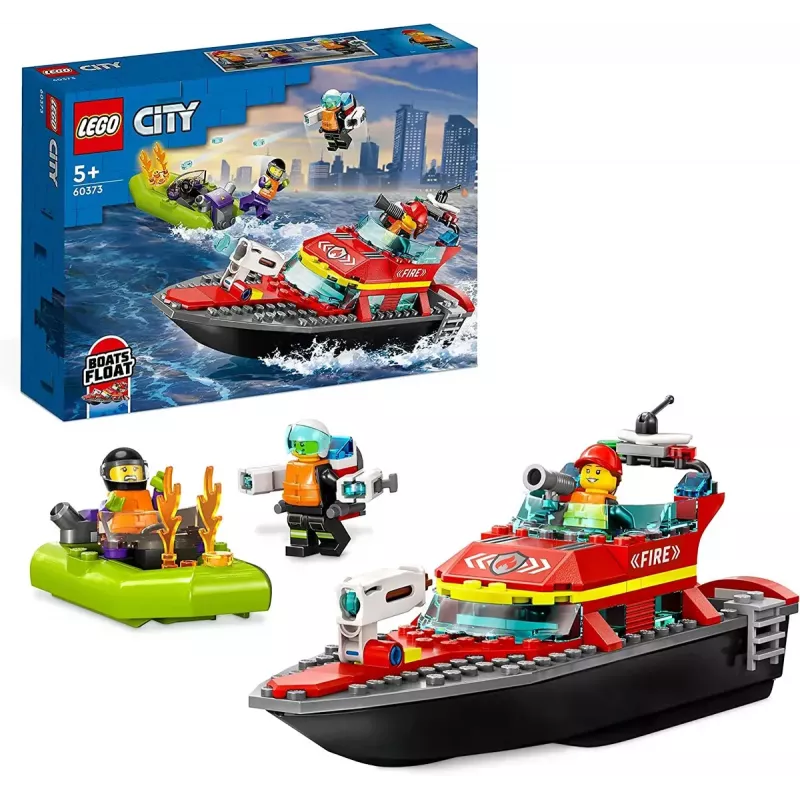Set de construcción LEGO lancha de rescate de bomberos 60373 — serie City, 144 piezas, 3 minifiguras, edad 5+, medidas 80×230×70 mm