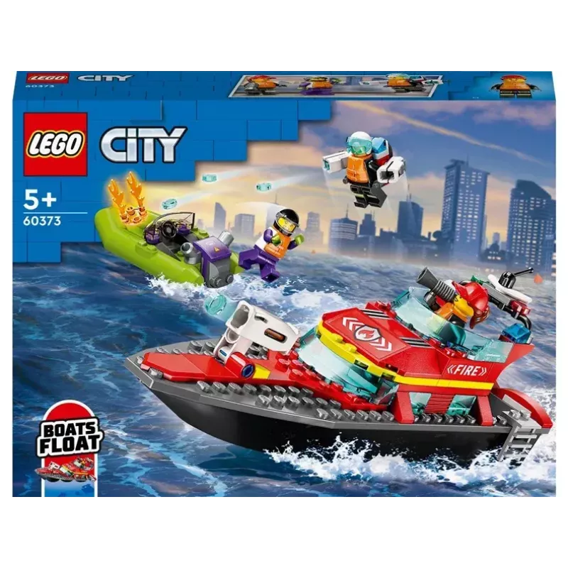 Set de construcción LEGO lancha de rescate de bomberos 60373 — serie City, 144 piezas, 3 minifiguras, edad 5+, medidas 80×230×70 mm
