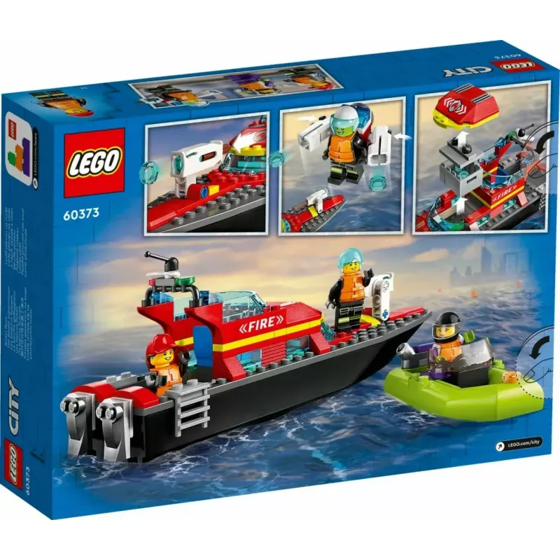 Set de construcción LEGO lancha de rescate de bomberos 60373 — serie City, 144 piezas, 3 minifiguras, edad 5+, medidas 80×230×70 mm