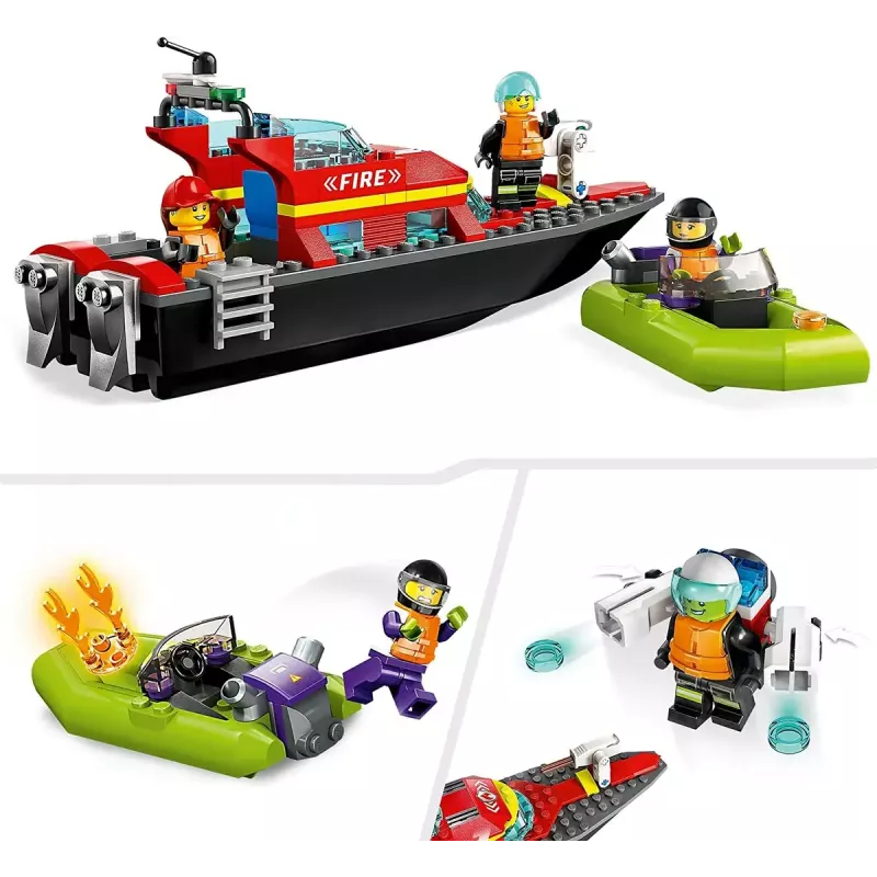 Set de construcción LEGO lancha de rescate de bomberos 60373 — serie City, 144 piezas, 3 minifiguras, edad 5+, medidas 80×230×70 mm