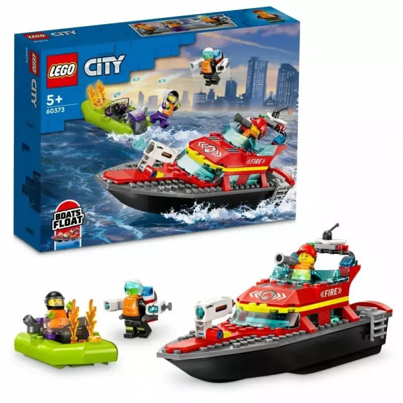 Set de construcción LEGO lancha de rescate de bomberos 60373 — serie City, 144 piezas, 3 minifiguras, edad 5+, medidas 80×230×70 mm