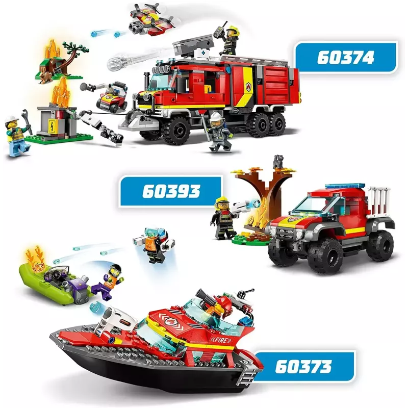 Set de construcción LEGO lancha de rescate de bomberos 60373 — serie City, 144 piezas, 3 minifiguras, edad 5+, medidas 80×230×70 mm