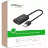 Adaptador de audio USB 2.0 externo UGREEN 30724 — estéreo 2.0, salida de auriculares, entrada de micrófono, cable de 0,15 m, negro