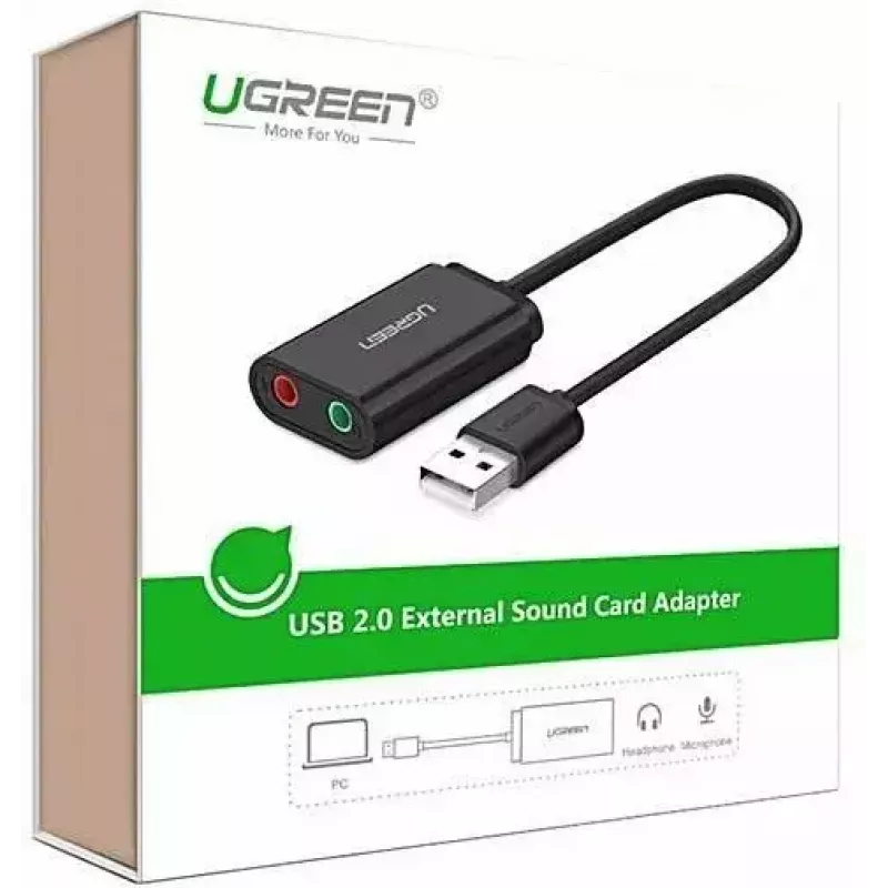 Adaptador de audio USB 2.0 externo UGREEN 30724 — estéreo 2.0, salida de auriculares, entrada de micrófono, cable de 0,15 m, negro