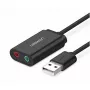 Adaptador de audio USB 2.0 externo UGREEN 30724 — estéreo 2.0, salida de auriculares, entrada de micrófono, cable de 0,15 m, negro