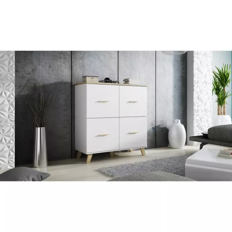 Cama Meble LOTTA 110 4D aparador, blanco + roble Sonoma