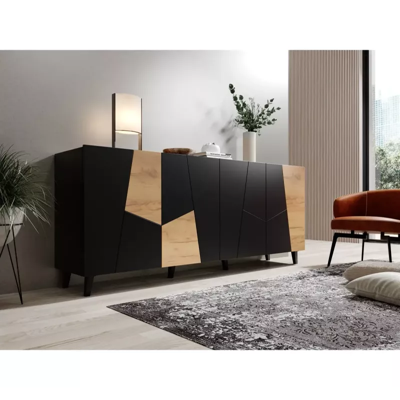 Cómoda Cama Meble ETNA 200x42x82 cm, negro mate con roble rústico, aglomerado