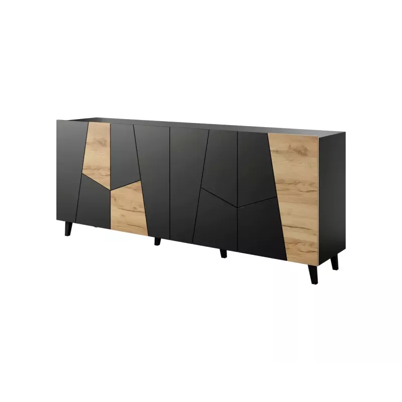 Cómoda Cama Meble ETNA 200x42x82 cm, negro mate con roble rústico, aglomerado