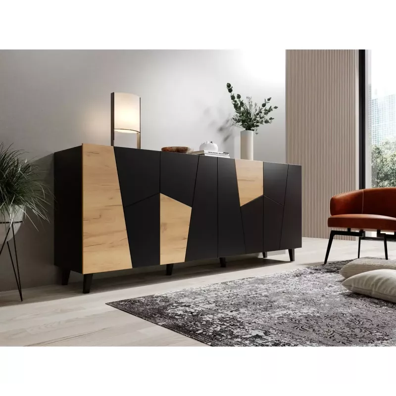 Cómoda Cama Meble ETNA 200x42x82 cm, negro mate con roble rústico, aglomerado