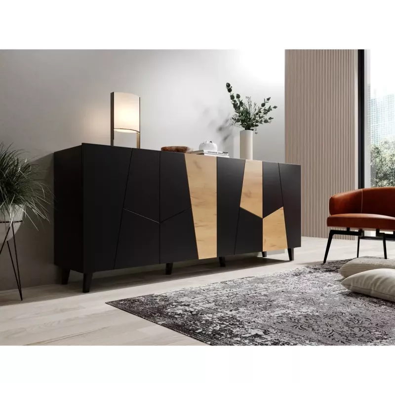 Cómoda Cama Meble ETNA 200x42x82 cm, negro mate con roble rústico, aglomerado