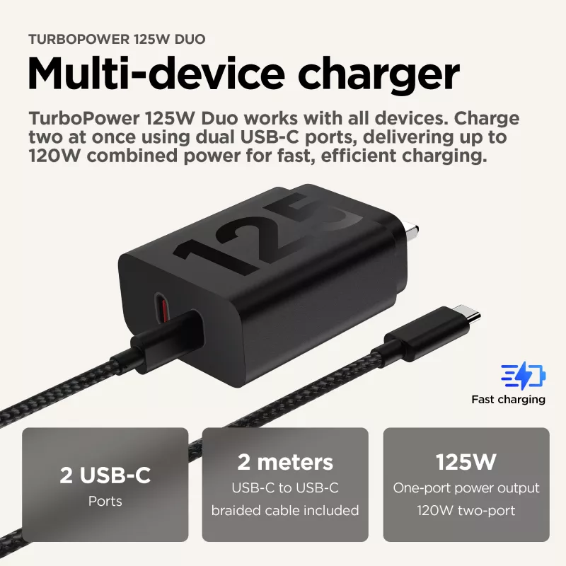 Cargador Motorola TurboPower 125W Duo universal negro de carga rápida CA para interiores