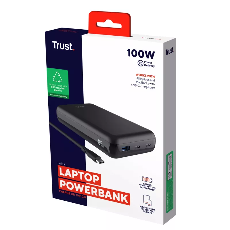 Trust Laro - batería externa - 20000 mAh - 100 vatios - 5 A - QC 3,0, Power Delivery 3,0 + PPS - 3 puertos de salida (4 pin USB Type A (QC 3,0), 2 x 24-