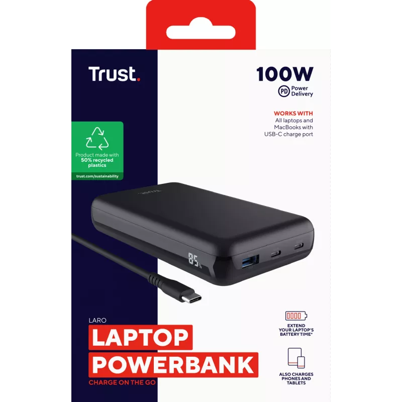 Trust Laro - batería externa - 20000 mAh - 100 vatios - 5 A - QC 3,0, Power Delivery 3,0 + PPS - 3 puertos de salida (4 pin USB Type A (QC 3,0), 2 x 24-