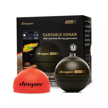 Sonda de pesca portátil deeper Smart Sonar CHIRP+3 Wi‑Fi — sonar inalámbrico lanzable, profundidad máx. 100 m, ángulo de cono 47°/20°/7°, Wi‑Fi, GPS/GLONASS