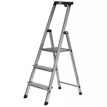 Escalera plegable Krause 126313 — escalera de tijera de aluminio con 3 peldaños, altura máxima 140 cm, capacidad de carga 150 kg, peldaños y pies antideslizantes