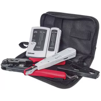 Kit de herramientas de red INTELLINET 4 piezas — herramienta de inserción, crimpadora, comprobador de cables de red, negro