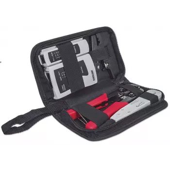 Kit de herramientas de red INTELLINET 4 piezas — herramienta de inserción, crimpadora, comprobador de cables de red, negro