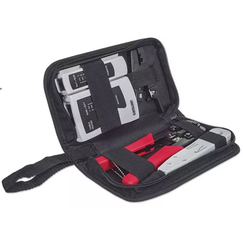 Kit de herramientas de red INTELLINET 4 piezas — herramienta de inserción, crimpadora, comprobador de cables de red, negro
