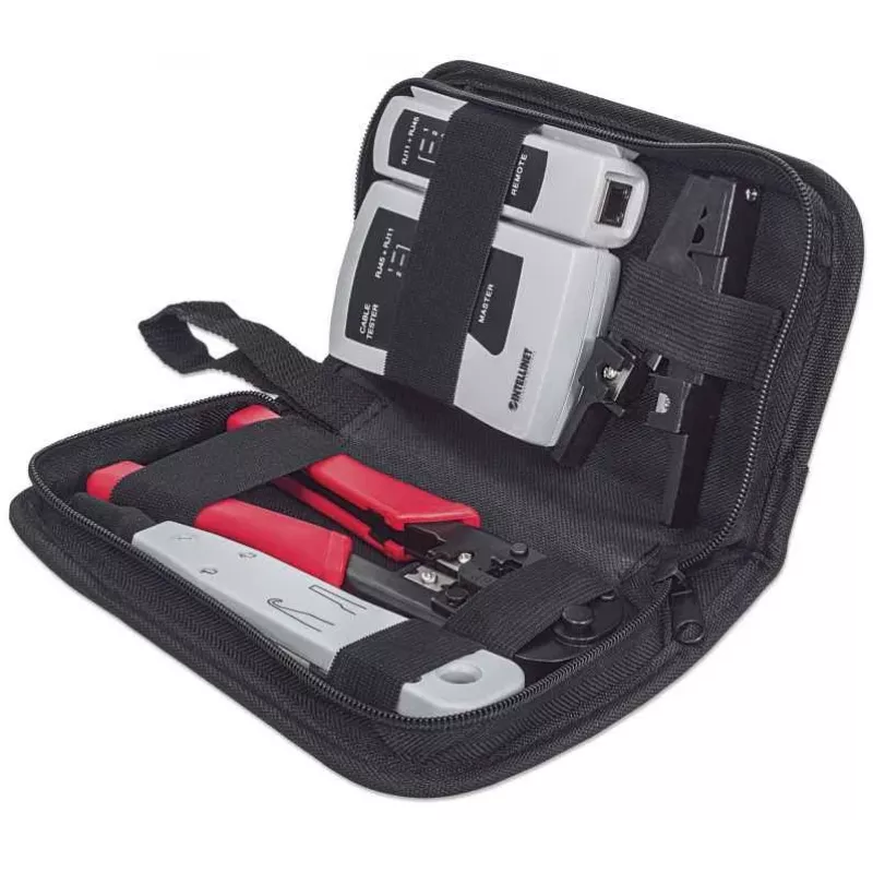 Kit de herramientas de red INTELLINET 4 piezas — herramienta de inserción, crimpadora, comprobador de cables de red, negro