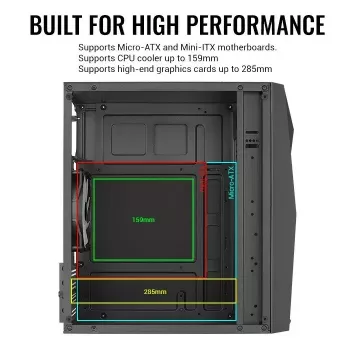 Caja de PC AEROCOOL Raider Mini G V3 Mini-ITX / microATX, negra, ventana lateral, LED verde, GPU máx. 285 mm, disipador de CPU 159 mm