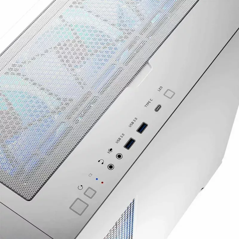 Caja de PC MODECOM HORIZON FLOW MIDI blanca — torre Midi, ARGB, cristal templado, micro ATX, USB-C, 3x140mm delante, 1x140mm detrás, GPU hasta 400 mm, altura de disipador de CPU 172 mm