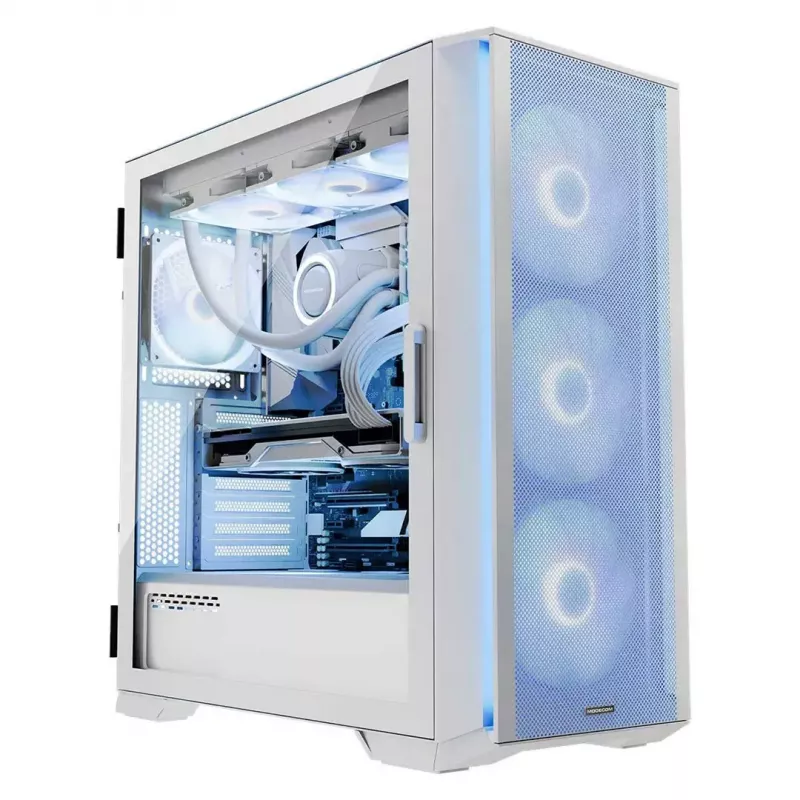 Caja de PC MODECOM HORIZON FLOW MIDI blanca — torre Midi, ARGB, cristal templado, micro ATX, USB-C, 3x140mm delante, 1x140mm detrás, GPU hasta 400 mm, altura de disipador de CPU 172 mm