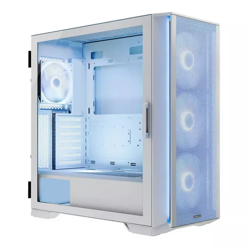 Caja de PC MODECOM HORIZON FLOW MIDI blanca — torre Midi, ARGB, cristal templado, micro ATX, USB-C, 3x140mm delante, 1x140mm detrás, GPU hasta 400 mm, altura de disipador de CPU 172 mm