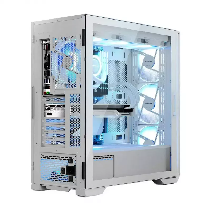 Caja de PC MODECOM HORIZON FLOW MIDI blanca — torre Midi, ARGB, cristal templado, micro ATX, USB-C, 3x140mm delante, 1x140mm detrás, GPU hasta 400 mm, altura de disipador de CPU 172 mm