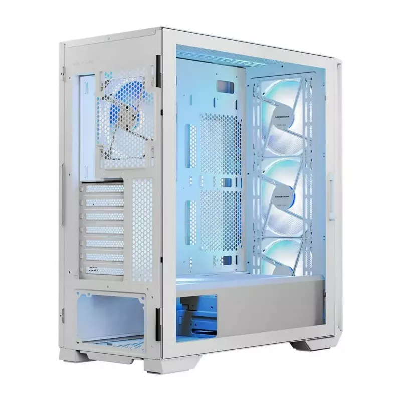 Caja de PC MODECOM HORIZON FLOW MIDI blanca — torre Midi, ARGB, cristal templado, micro ATX, USB-C, 3x140mm delante, 1x140mm detrás, GPU hasta 400 mm, altura de disipador de CPU 172 mm