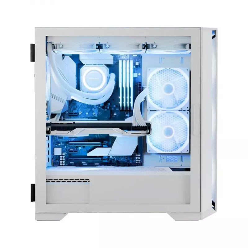 Caja de PC MODECOM HORIZON FLOW MIDI blanca — torre Midi, ARGB, cristal templado, micro ATX, USB-C, 3x140mm delante, 1x140mm detrás, GPU hasta 400 mm, altura de disipador de CPU 172 mm