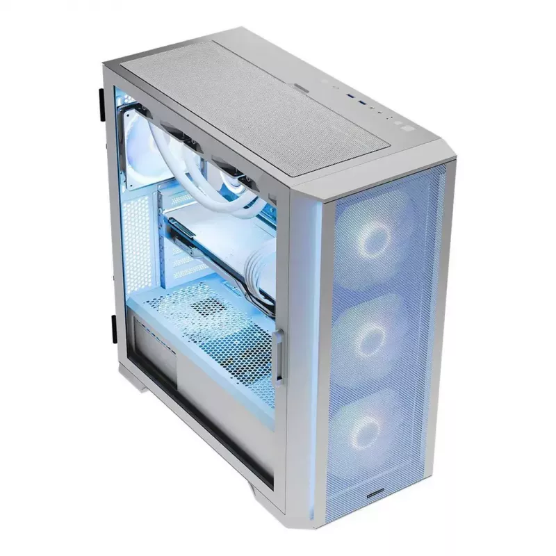 Caja de PC MODECOM HORIZON FLOW MIDI blanca — torre Midi, ARGB, cristal templado, micro ATX, USB-C, 3x140mm delante, 1x140mm detrás, GPU hasta 400 mm, altura de disipador de CPU 172 mm