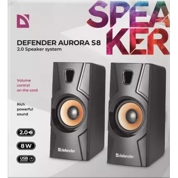 Altavoz de sobremesa con cable DEFENDER Aurora S8 — 2.0, 8 W RMS, alimentación USB, 3,5 mm, negro