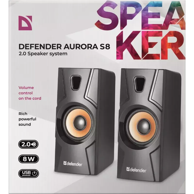 Altavoz de sobremesa con cable DEFENDER Aurora S8 — 2.0, 8 W RMS, alimentación USB, 3,5 mm, negro