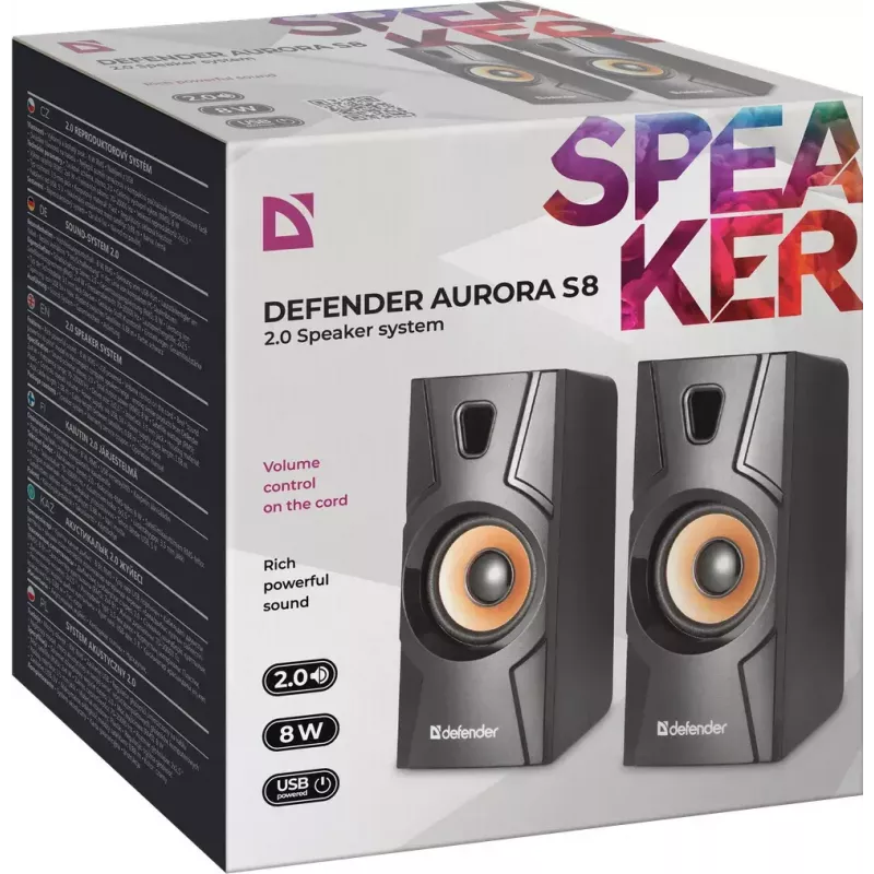Altavoz de sobremesa con cable DEFENDER Aurora S8 — 2.0, 8 W RMS, alimentación USB, 3,5 mm, negro