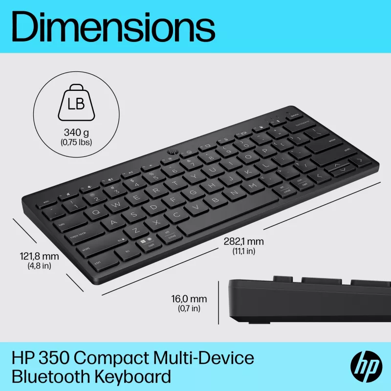 HP 350 Teclado Bluetooth compacto multidispositivo, inalámbrico, Bluetooth, mecánico, QWERTY, Negro