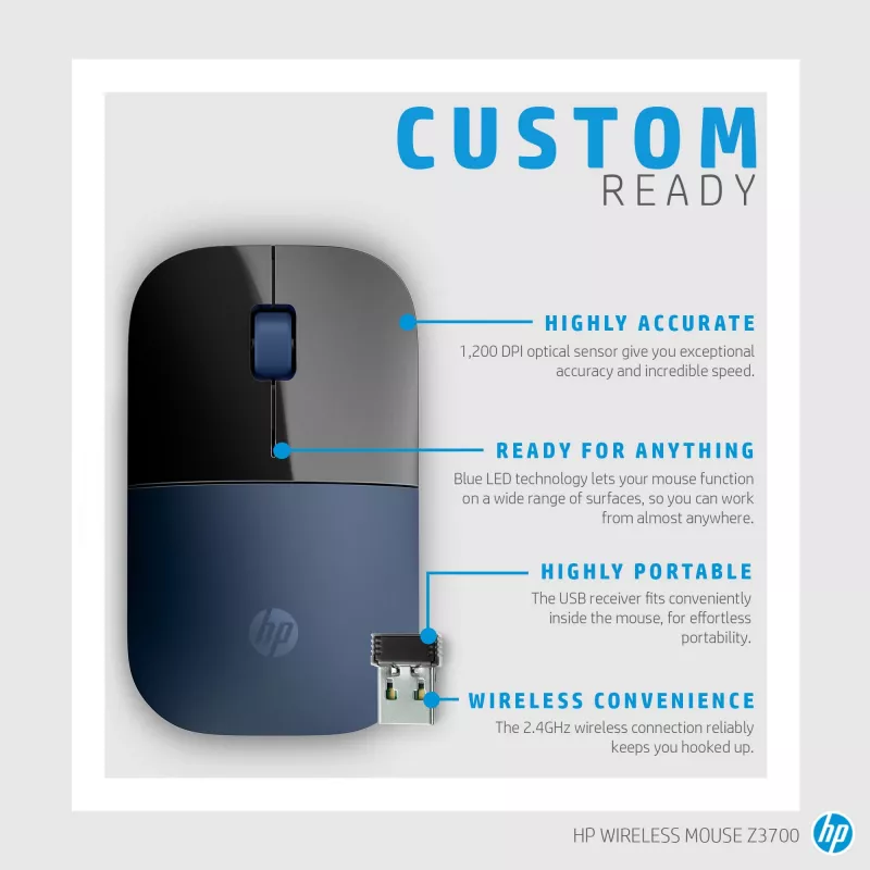 HP Ratón inalámbrico Z3700, ambidiestro, Blue LED, RF Wireless, 1200 DPI, Negro, Azul